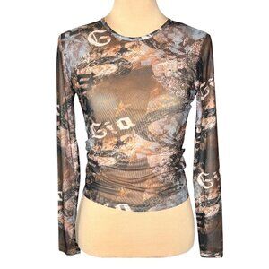 NWT Y2K 90s Sheer Mesh Cropped Top Sz.S Multi All-Over Print Fairy Grunge Goth
